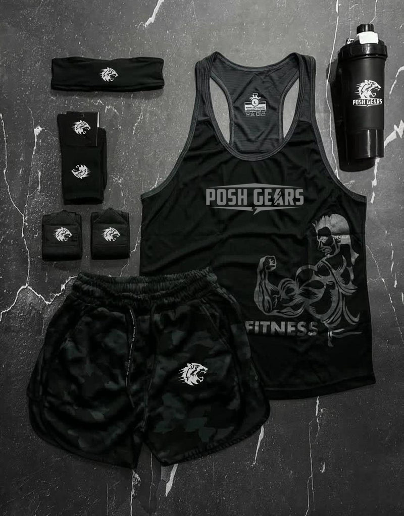 Posh Gears Premium Gym Kit – Athletic Tank Top, Shorts, Headband, Socks & Shaker Bottle for Training & Fitness