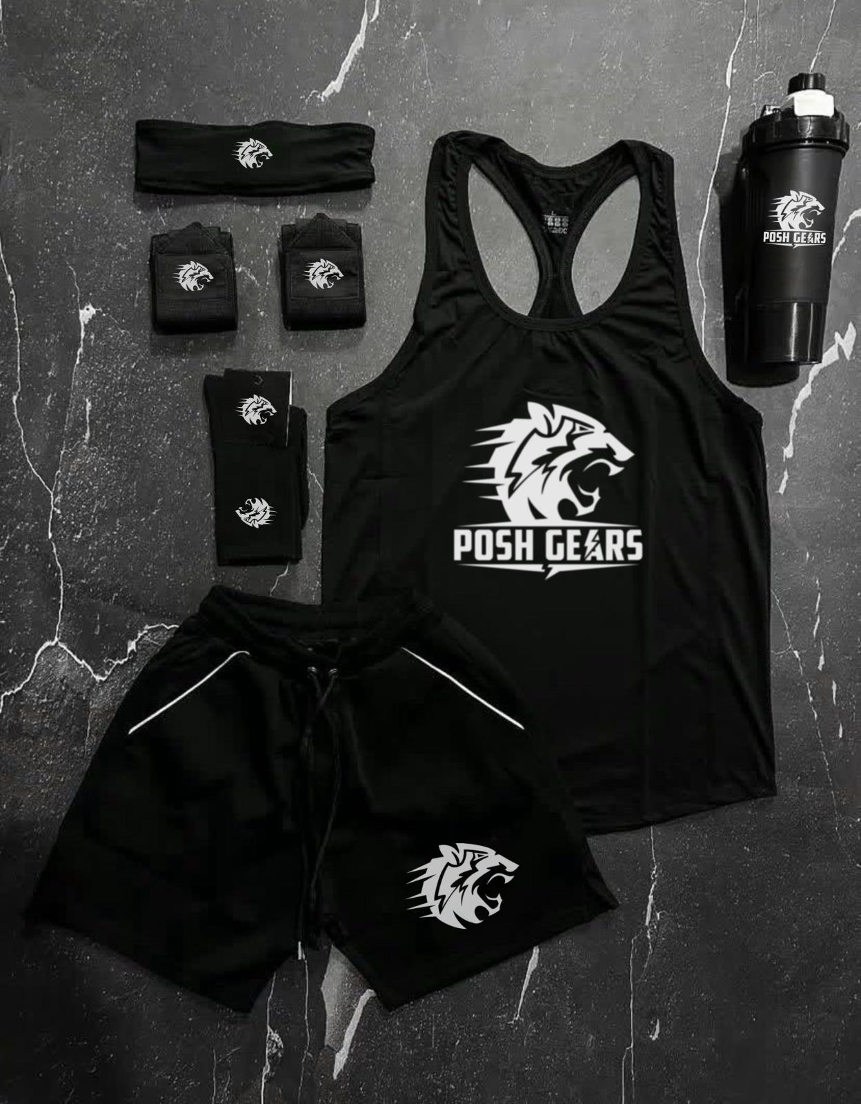 Posh Gears Premium Gym Kit – Athletic Tank Top, Shorts, Headband, Socks & Shaker Bottle for Training & Fitness